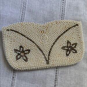 Vintage Pearl Beaded Clutch With Floral Design.